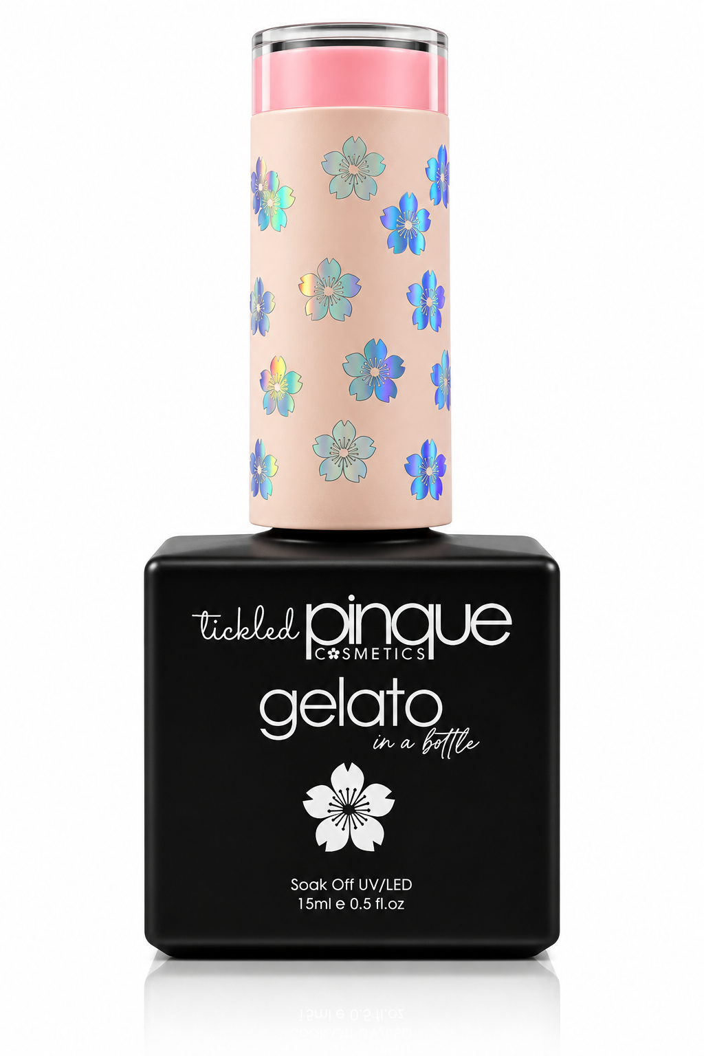Tickled Pinque Cosmetics Gelato soak or UV/LED gel nail polish bottle with a black base and a pink cap decorated with iridescent blue and green floral patterns.