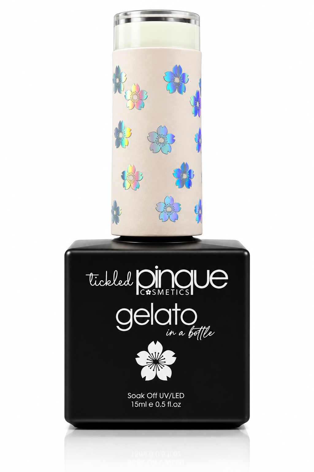 Tickled Pinque Cosmetics Gelato soak gel in a bottle, featuring a black rectangular bottle with a beige cylindrical cap decorated with iridescent blue and purple flowers.