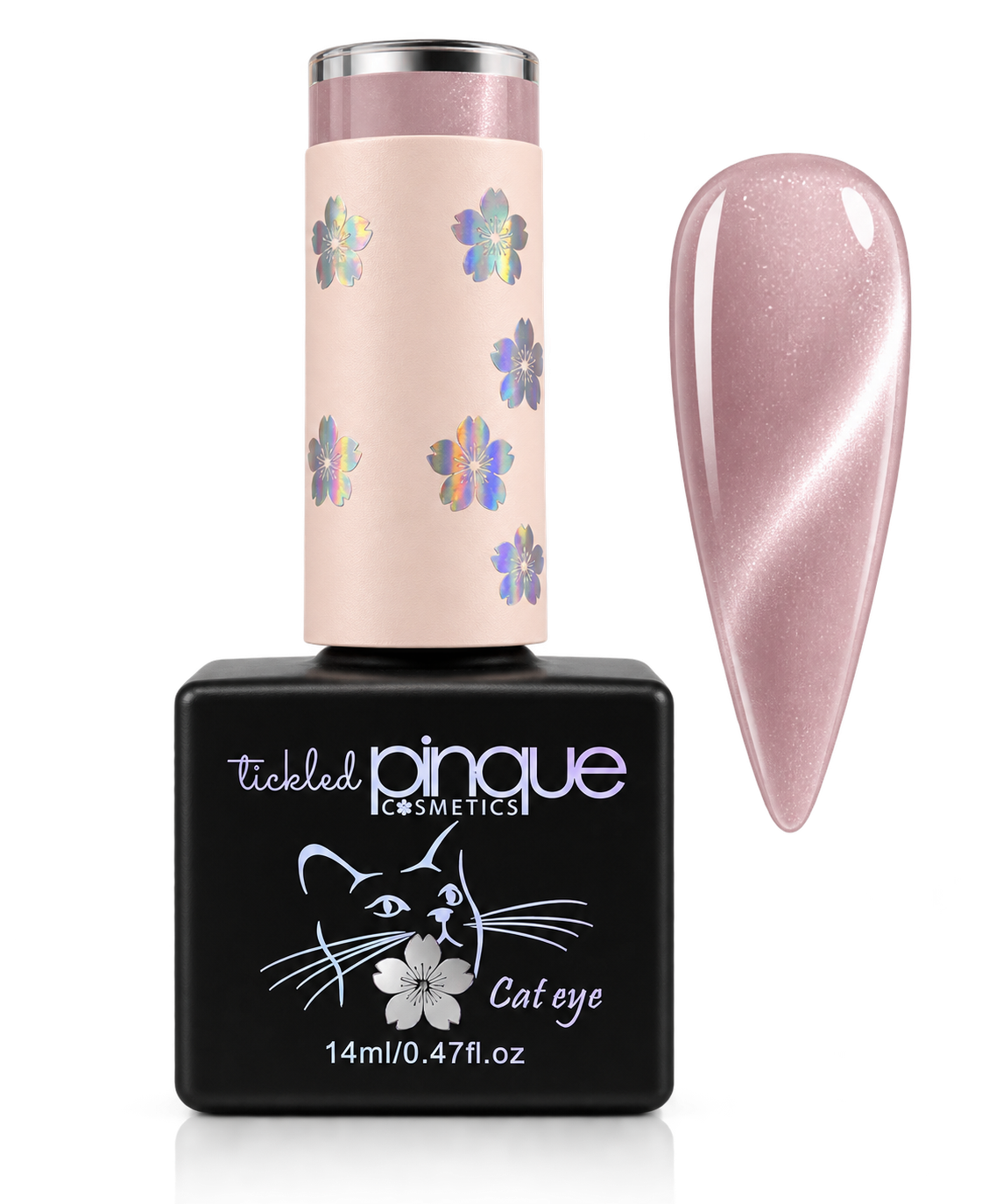 Tickled Pinque Cosmetics 'Cateye' nail polish in a black bottle with a pale pink cap decorated with iridescent flowers, shown next to a matching pink cat-eye coated nail swatch on a white background.