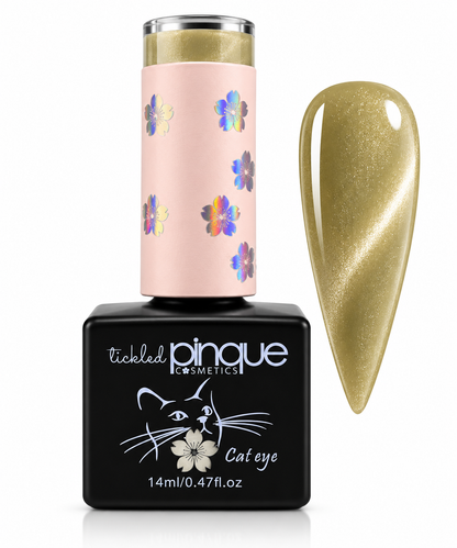 Tickled Pinque 'Cat eye' gel nail polish bottle with a black base, pink cap sleeve decorated with iridescent flowers, shown next to a metallic gold cat-eye swatch on a white background.