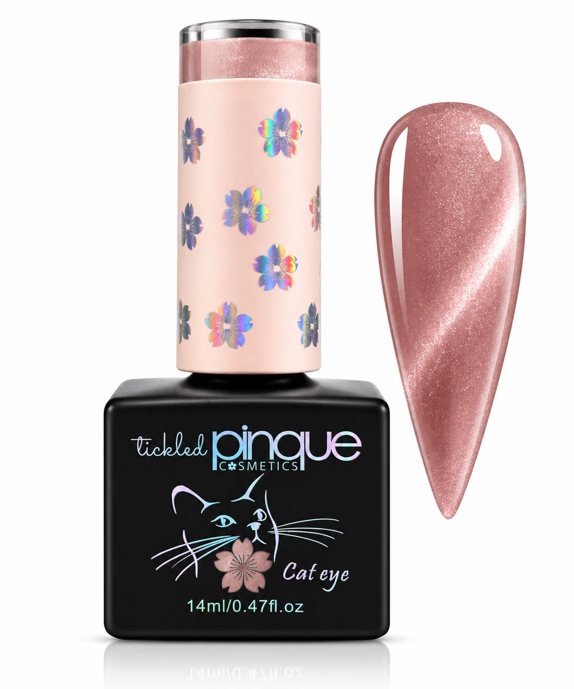 Tickled Pinque Cosmetics 'Cat eye' gel nail polish bottle with a black base and a pale pink cap decorated with holographic flowers, shown next to a large nail swatch displaying the shimmering pink metallic cat-eye effect.