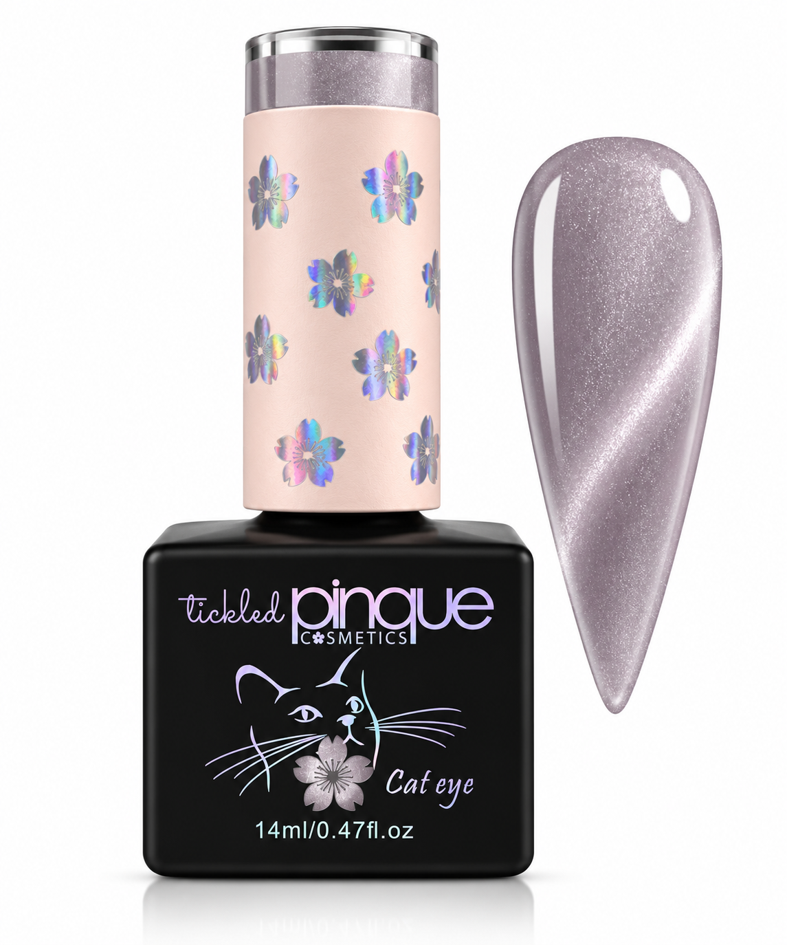 Tickled Pinque Cosmetics 'Cat eye' gel nail polish bottle with a black base and a pale pink cap decorated with holographic flowers, shown next to a nail tip swatch displaying the shimmering lavender-purple cat-eye finish.