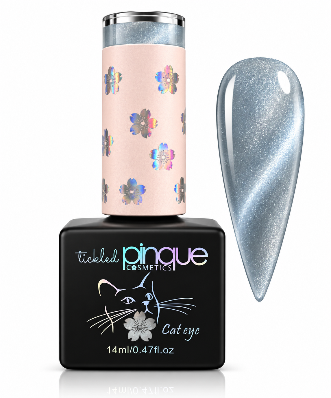Tickled Pinque Cosmetics Cat Eye gel nail polish bottle with a black base and a pale pink cap decorated with iridescent flowers, shown next to a large nail swatch displaying the shimmering silver-blue cat-eye finish.