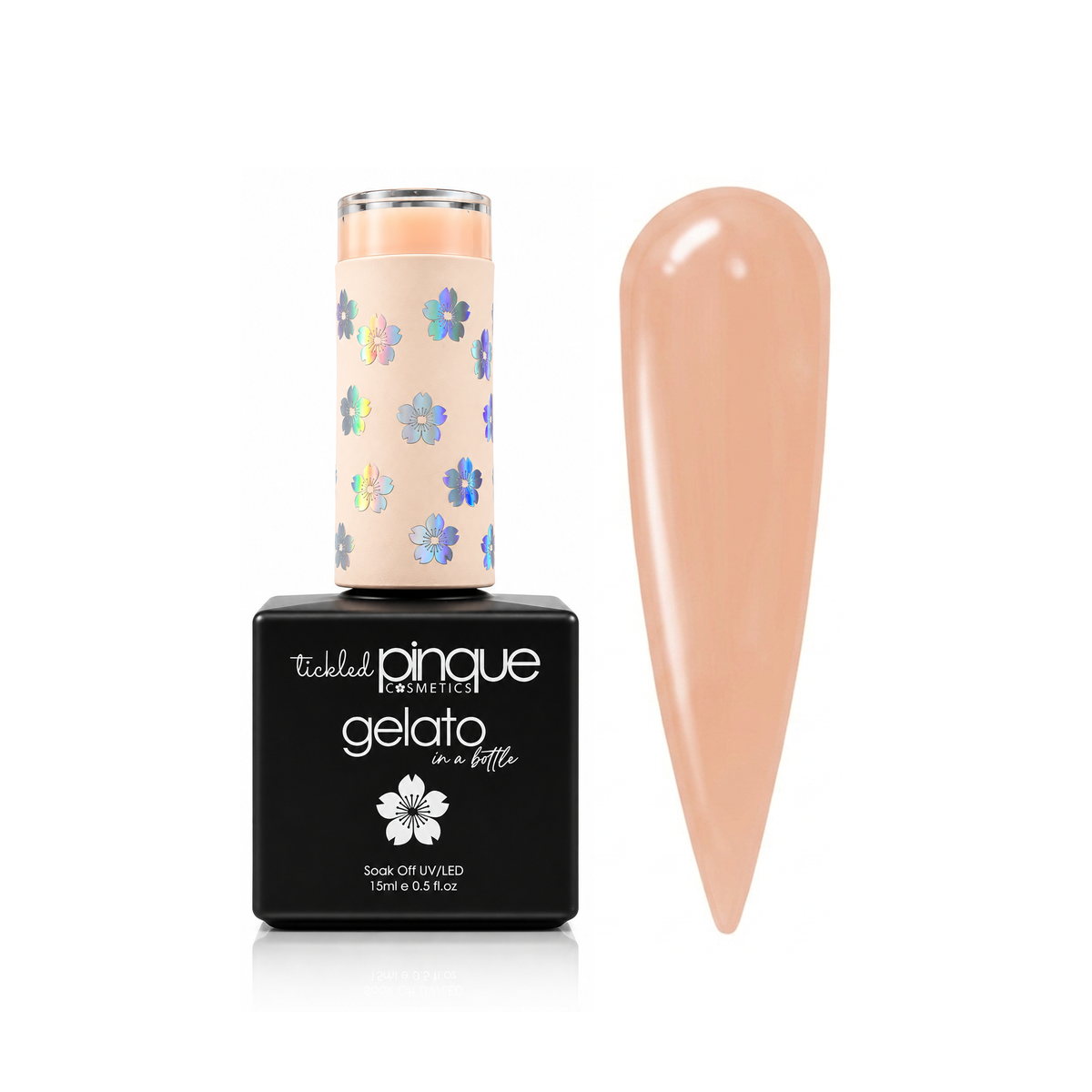 Tickled Pinque Gelato nail polish in a black bottle with a floral-patterned cap, shown next to a large peach-beige swatch on a white background.