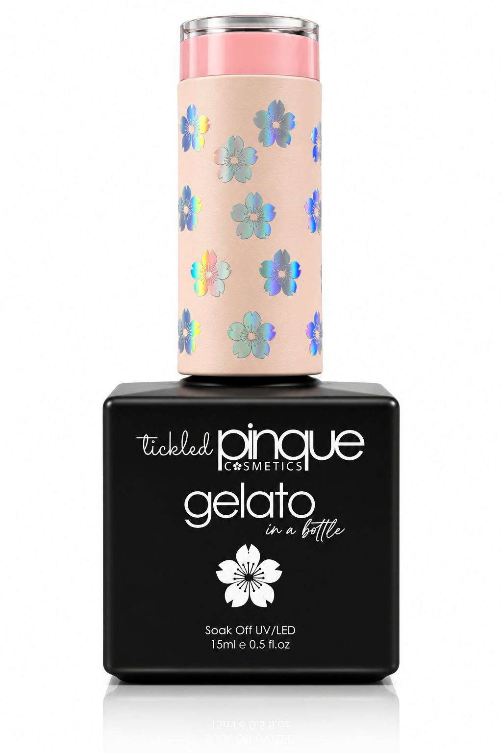 Tickled Pinque Cosmetics Gelato soak-off UV/LED gel nail polish in a black bottle with a pink cap decorated with iridescent blue and pink flowers.