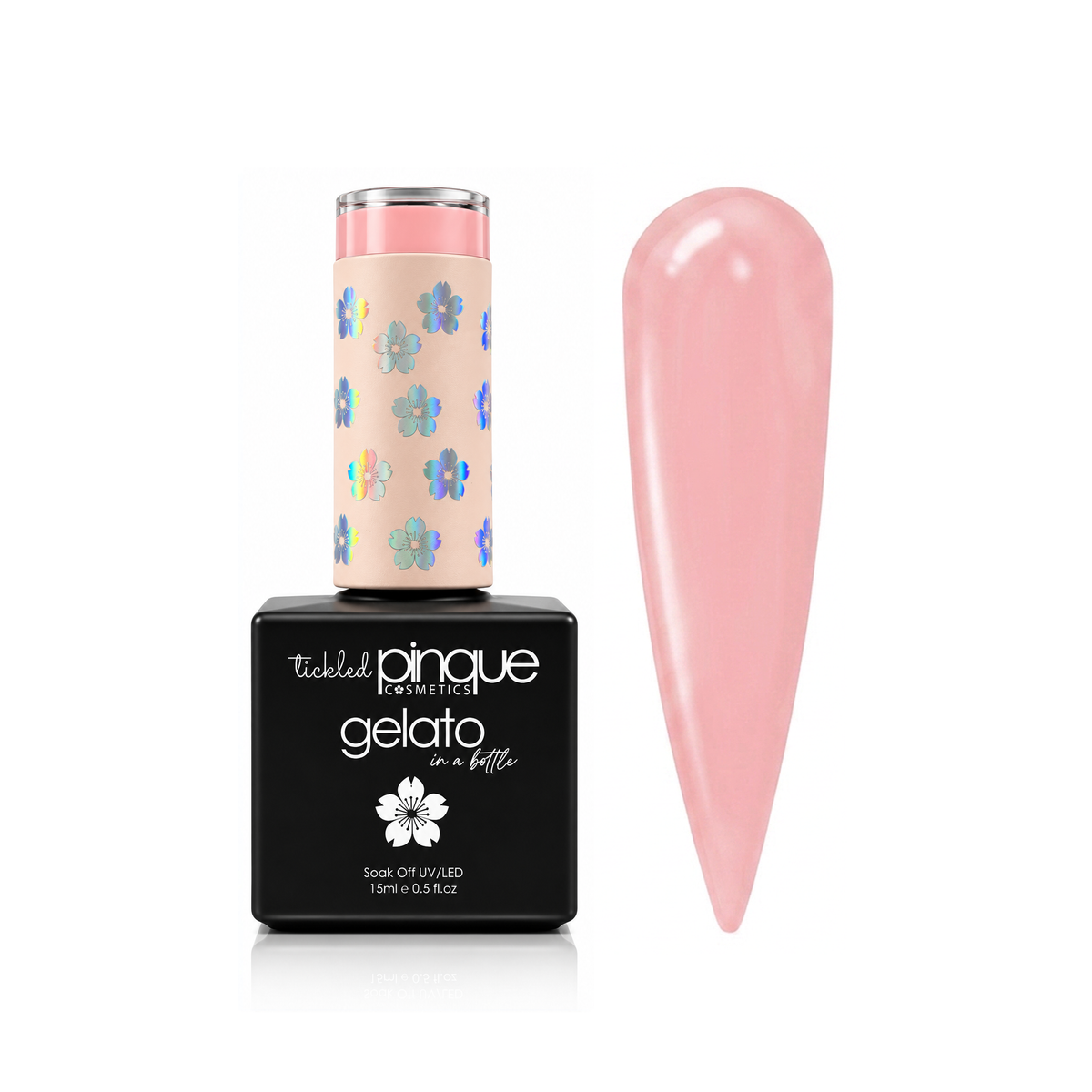 A bottle of Tickle Me Pinque Gelato nail polish with a black base and a pink floral-patterned cap, shown next to a glossy pink artificial nail tip on a white background.
