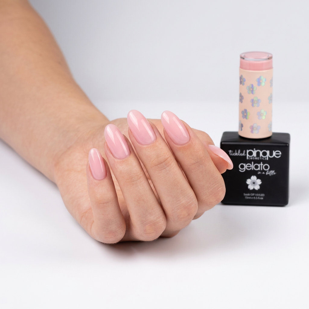 A hand with long, glossy light pink manicured nails is shown next to a bottle of Tasselid Pinque Gelato nail polish on a clean white background.