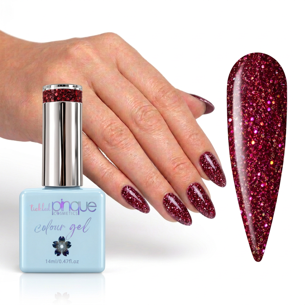 A bottle of Tollebe Pinque Colour Gel nail polish next to a hand with glittery burgundy nails, alongside a large nail tip swatch showing the sparkling red-brown polish.