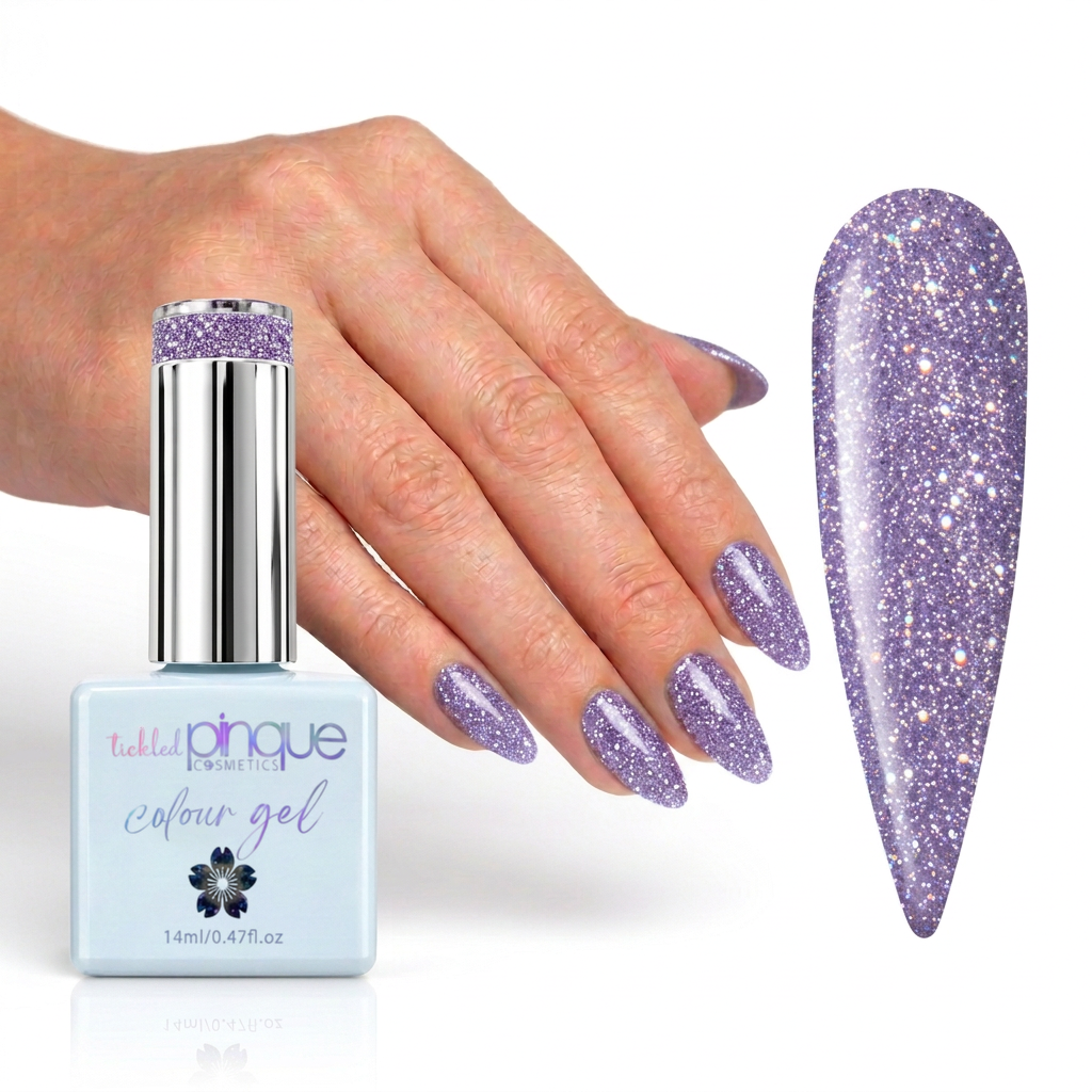 A bottle of Tiki Tiki Pinque Colour Gel nail polish next to a hand with lavender glitter nails and a large nail tip swatch showing the sparkling purple color.