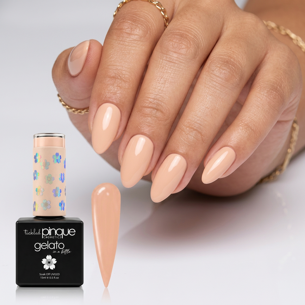 A hand with long, almond-shaped nude pink nails stands beside a bottle of Tipped Pinque Gelato nail polish and a separate nail color swatch on a clean white background.