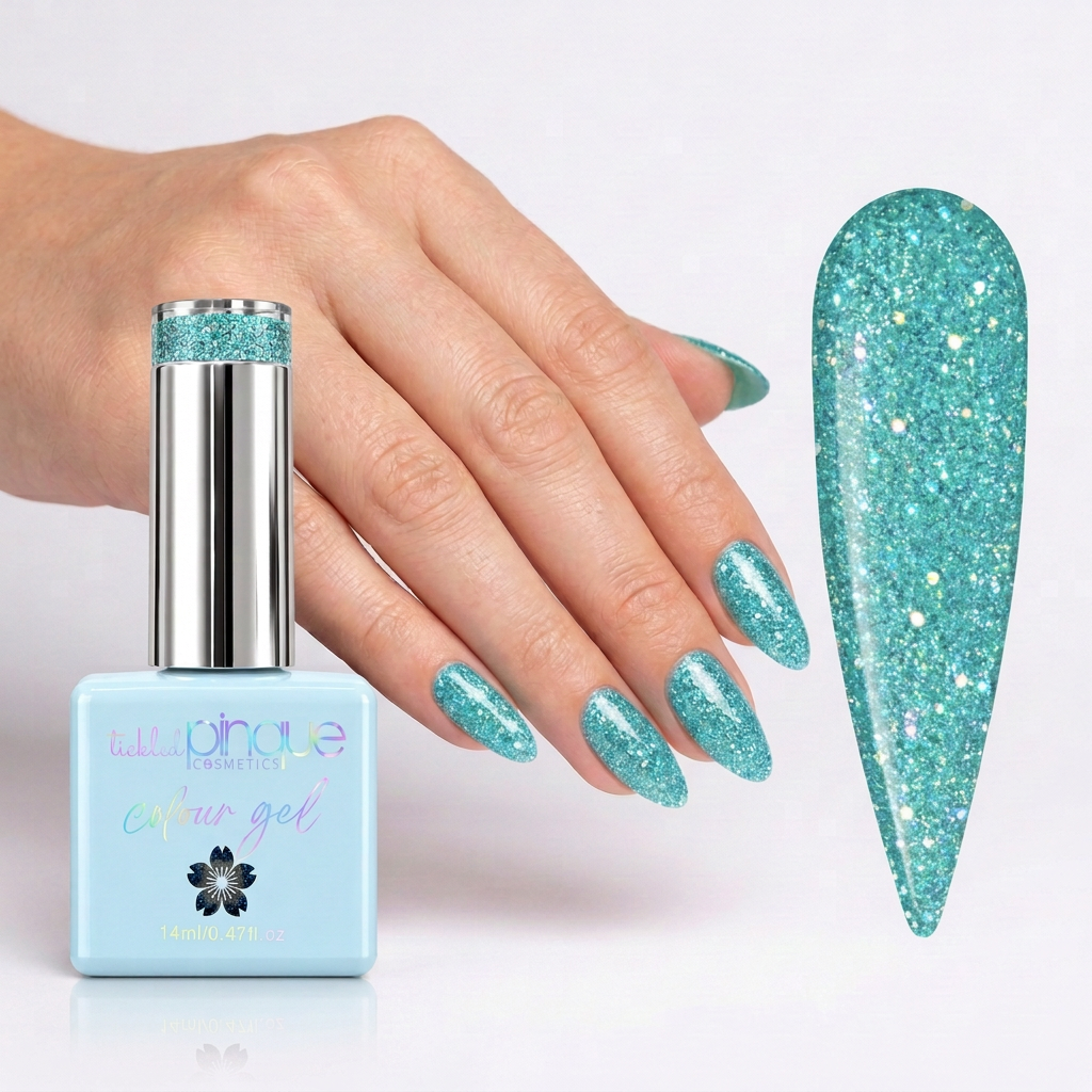 A hand with long, glittery aqua-blue manicured nails stands beside a bottle of nail gel and a large nail swatch showing the same sparkling color. The bottle label reads 'lulu prairie Colour gel'.