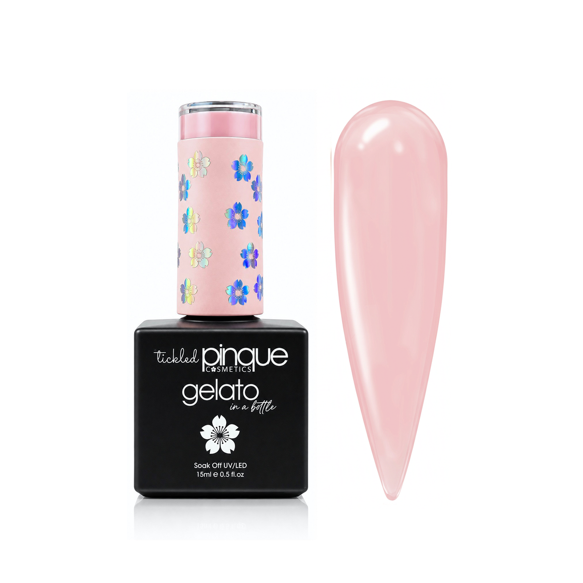 Tickled Pinque Gelato soak off swelled nail polish in a black bottle with a pink floral cap, shown next to a large glossy pink nail tip swatch on a white background.