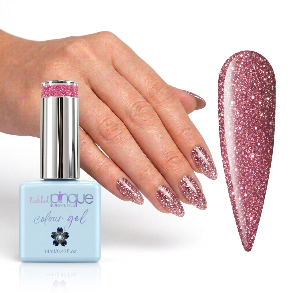A bottle of Tiki Liqueur Pinque Colour Gel nail polish in a light blue square bottle with a silver cap, shown next to a hand with glittery pink manicured nails and a large nail swatch displaying the sparkling pink gel polish.
