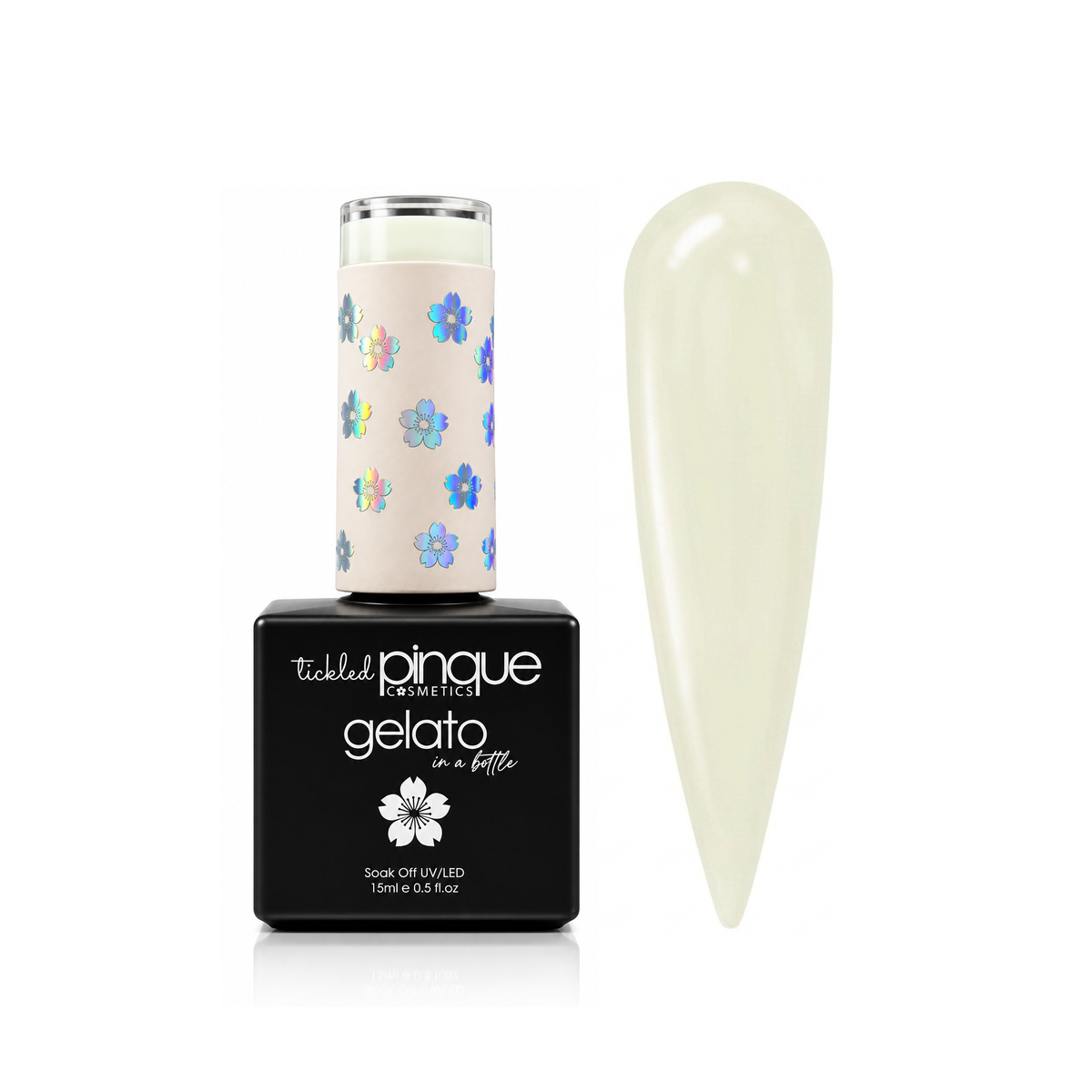 A bottle of Tickle Pinque Gelato nail polish in a black rectangular box with a decorated cap, shown next to a long, curved swatch of the pale creamy off-white gel polish on a white background.