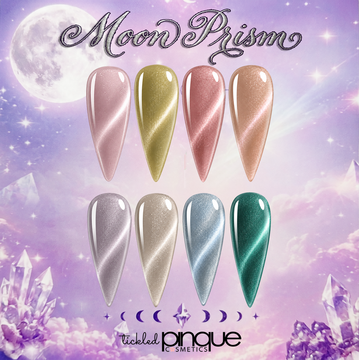 A promotional graphic for Moon Prism cat-eye nail polish colors by Tickled Nique Smetics, showing eight elongated nail swatches in various pastel and metallic shades against a dreamy purple moonlit sky background with crystals.