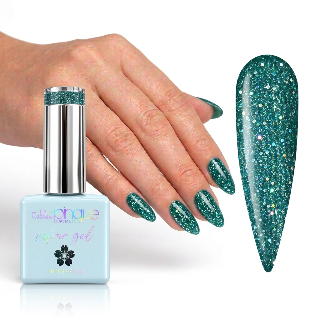 A bottle of glittery teal green nail polish with a silver cap next to a hand showing the nails painted with the polish, plus a large nail swatch on a white background. The bottle label reads 'rabbitmq colour gel'.